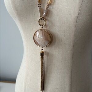 Gold-Tone Beige Faux Marble Pendant Tassel Necklace - Women Jewelry
